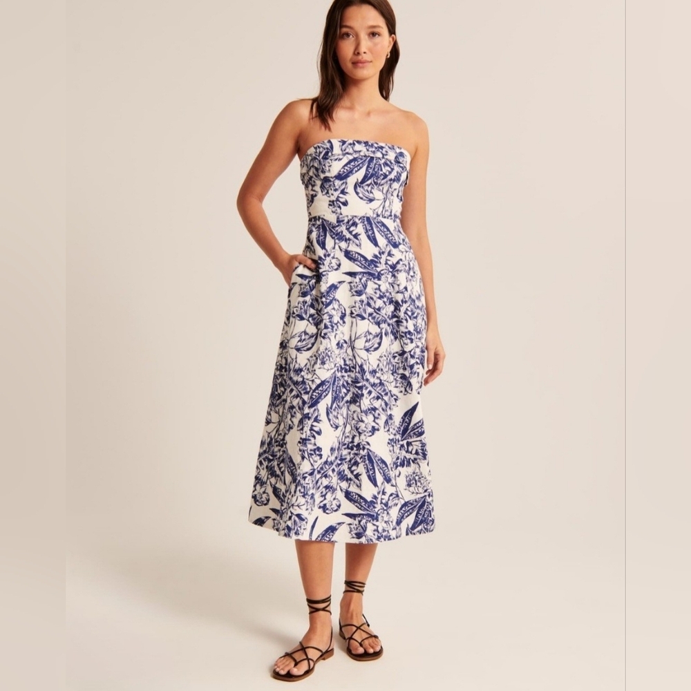 NWOT Abercrombie & Fitch Linen-Blend Midi Dress WITH POCKETS, Sz L